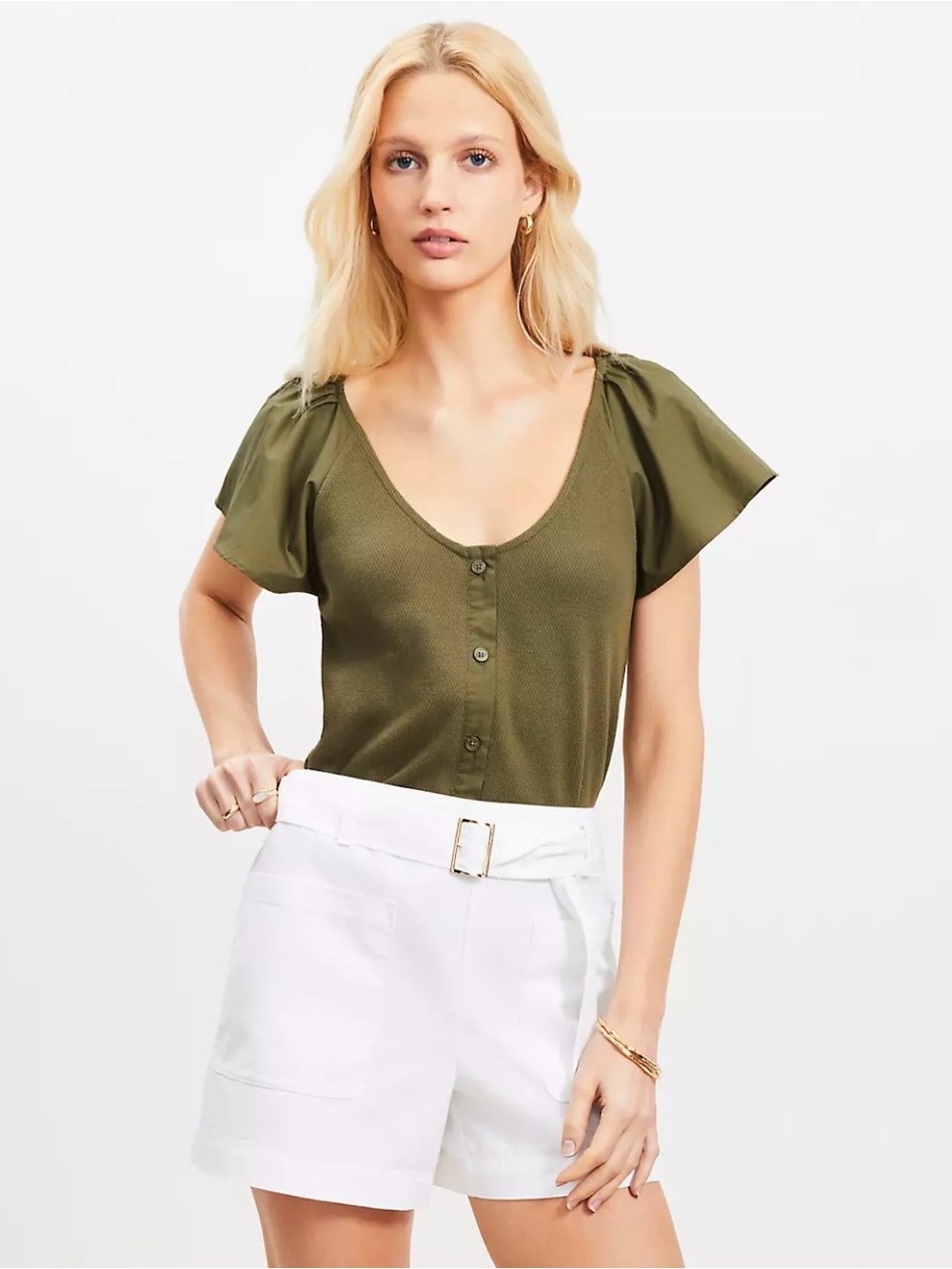 LOFT Olive Green Scoop Neck Button-Front Flutter Sleeve Top